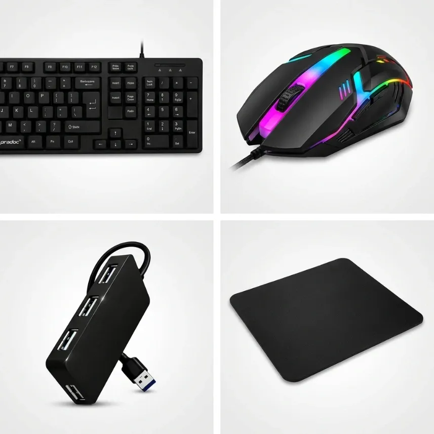 DEALKART Premium 4-in-1 Accessory Kit: Standard Keyboard, RGB Mouse, USB Hub & Smooth Mouse Pad for Gaming & Office Work